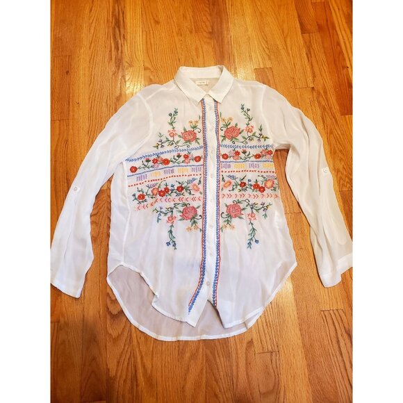 Boho Floral Embroidered Sheer White Button-Up Blouse Kyla Seo Feminine Small - Picture 1 of 8